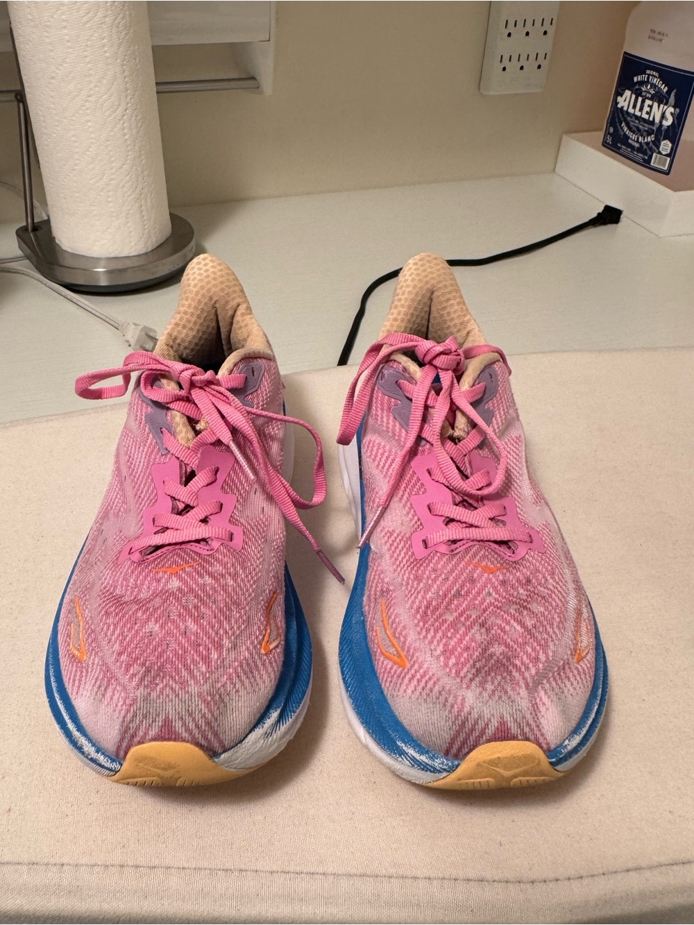 Hoka Clifton 9 Pink and Blue Women's Athletic Running Shoes 7